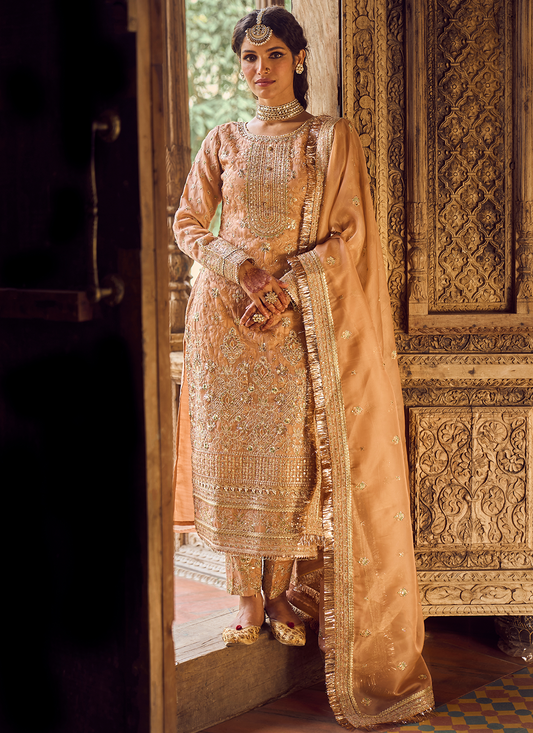 Dusty Peach Embroidered Straight Suit