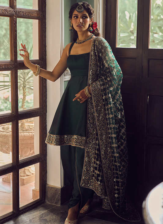 Dark Green Dhoti Style Punjabi Suit