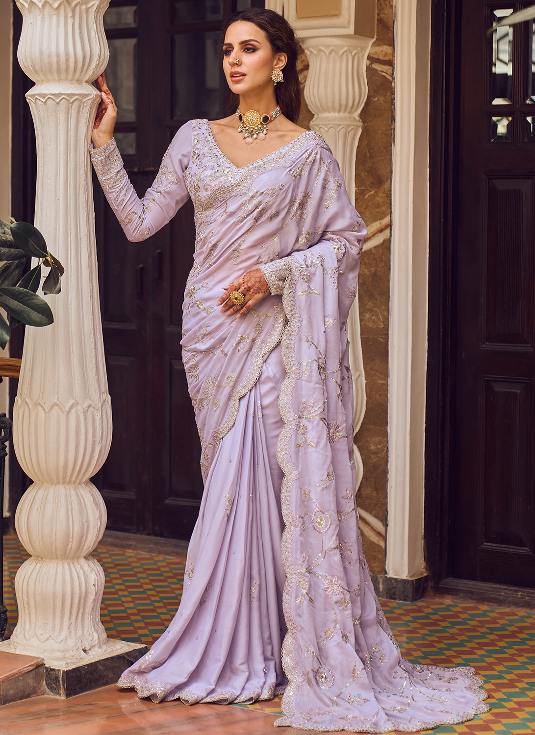 Marvellous Tan & Pink Colour Designer Georgette Patch Work Designer Saree  With Blouse Piece – Lady India