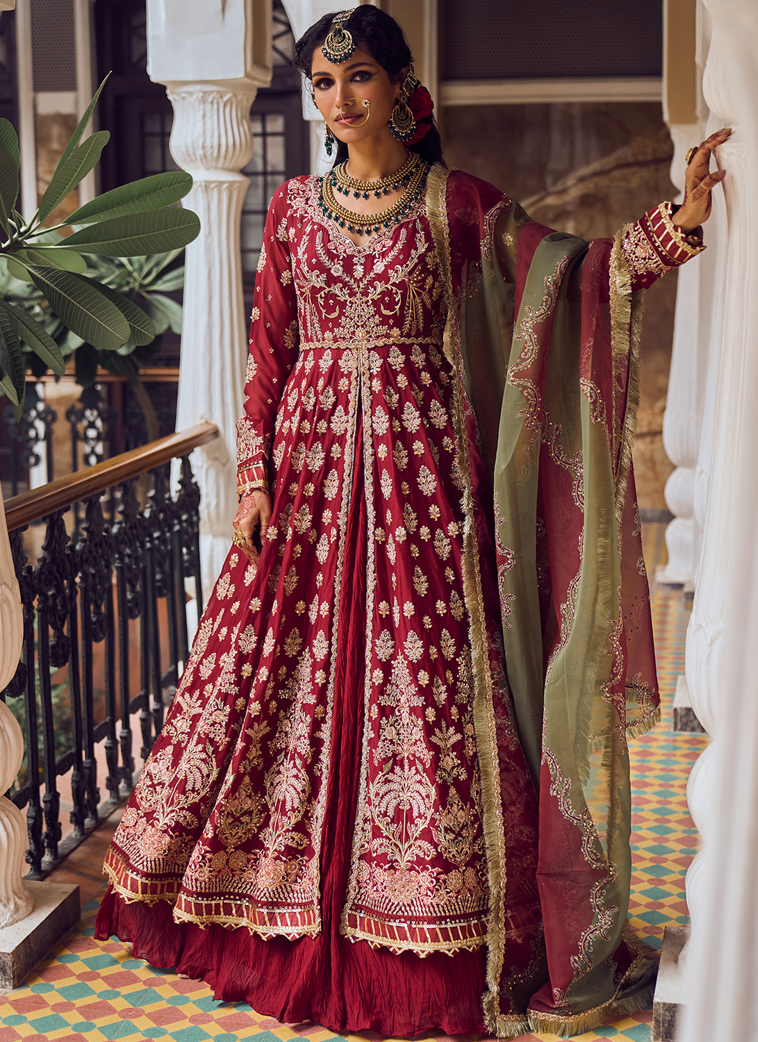 Maroon Embroidered Anarkali Style Lehenga