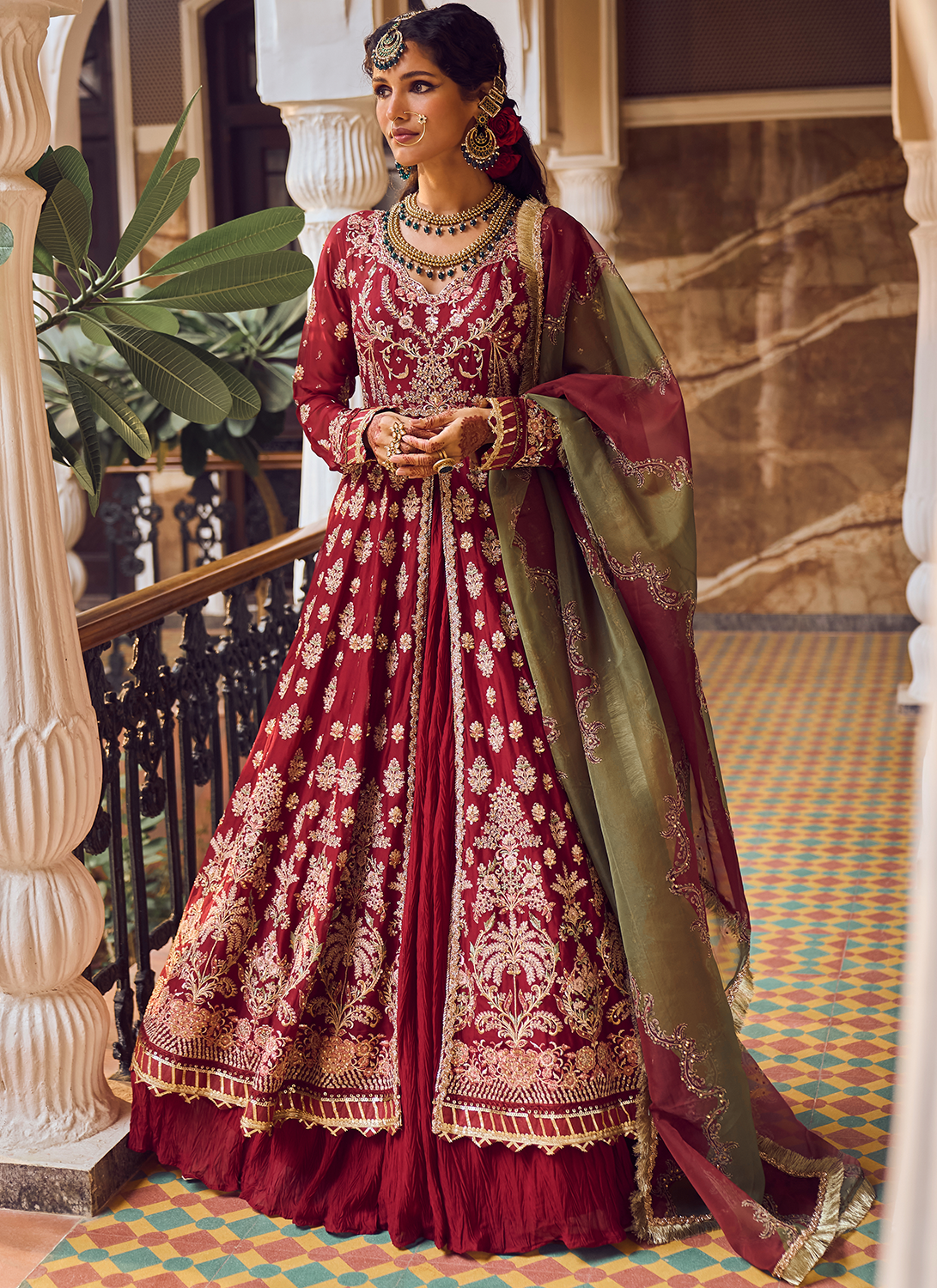 Maroon Embroidered Anarkali Style Lehenga