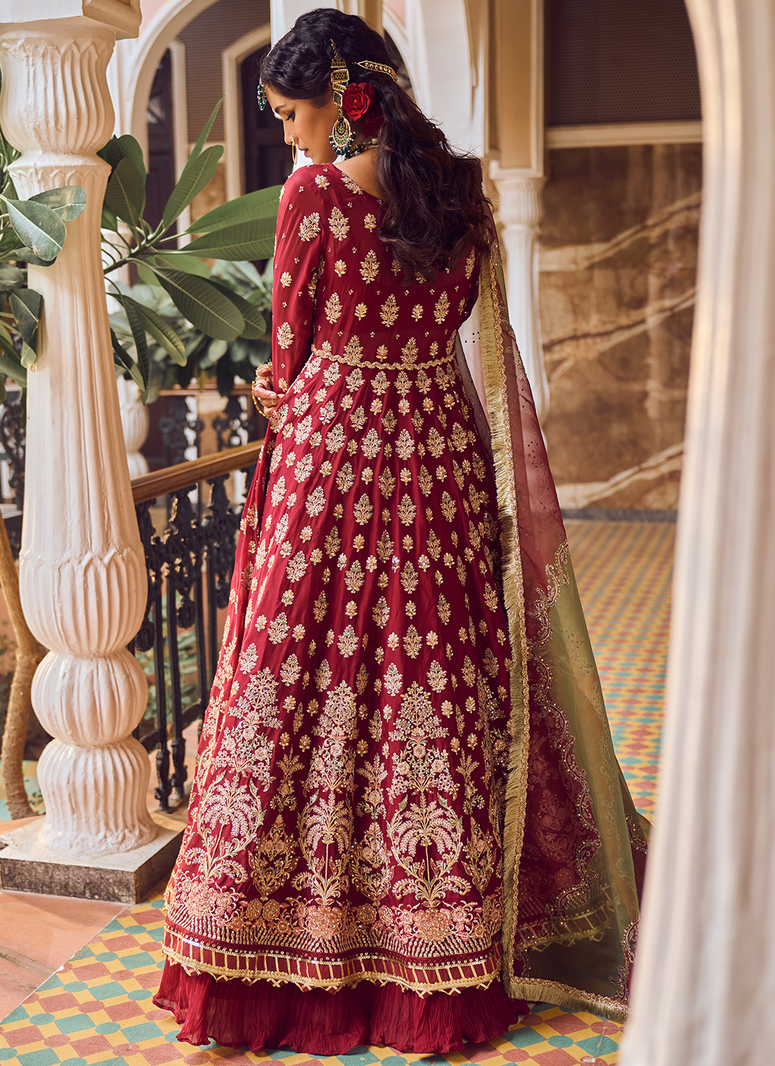 Maroon Embroidered Anarkali Style Lehenga