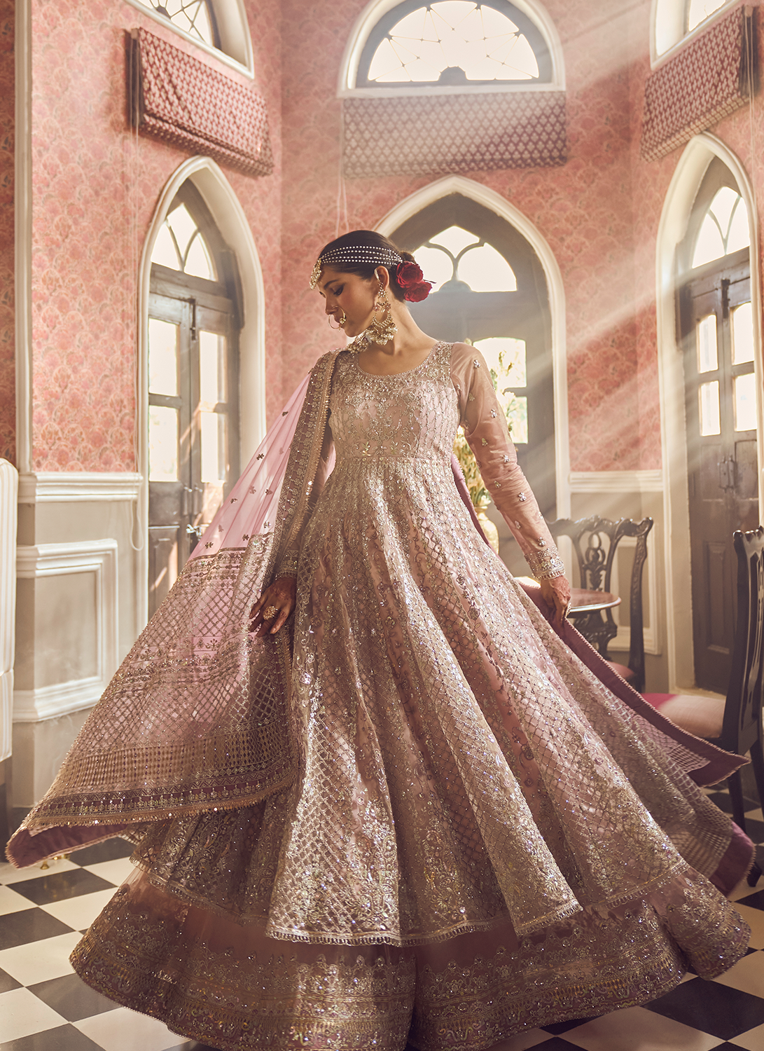 Light Pink Embroidered Anarkali Style Sharara Suit