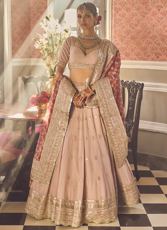 Dusty Pink and Red Embroidered Lehenga