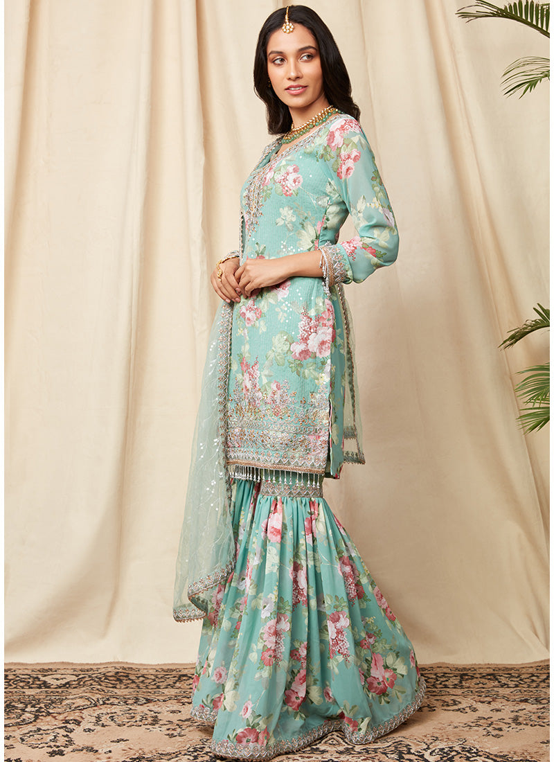 Mint Floral Sequins Embroidered Gharara Suit