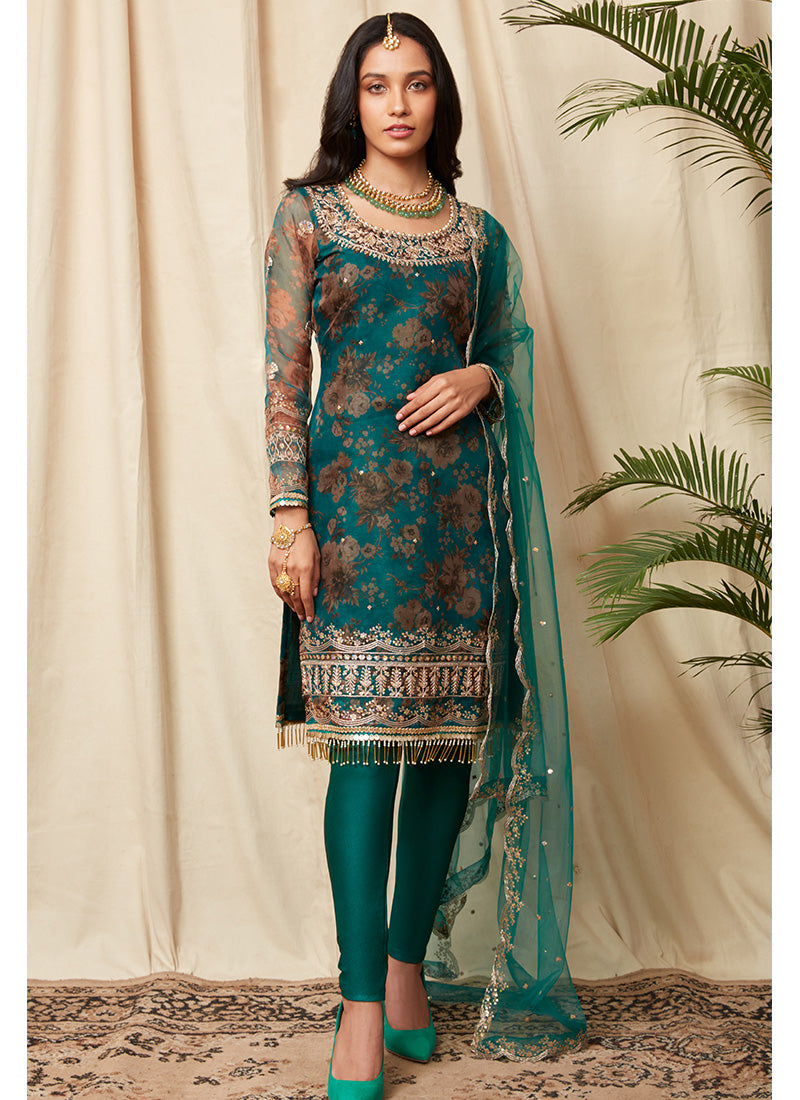 Teal Green Floral Organza Suit