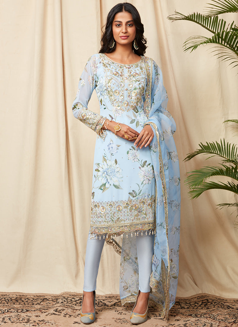 Light Blue Floral Georgette Suit