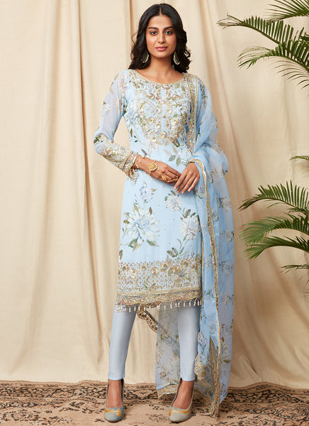 Light Blue Color Art Silk Material Printed Pant Style Salwar Suit