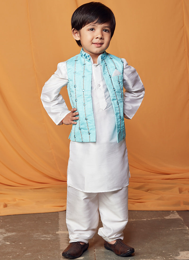 Kids Mint Blue Embroidered Silk Kurta Set