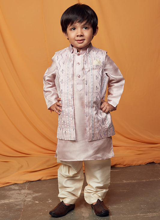 Kids Nude Pink Multicolor Silk Kurta Set