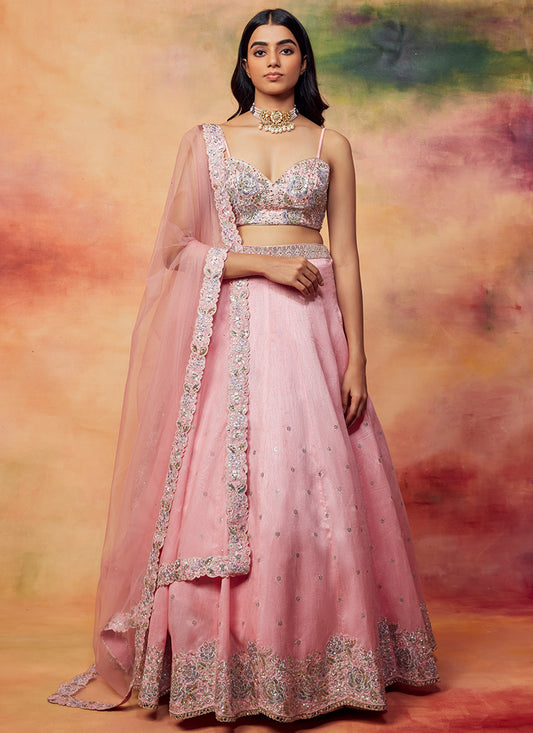 Light Pink Embroidered Silk Lehenga