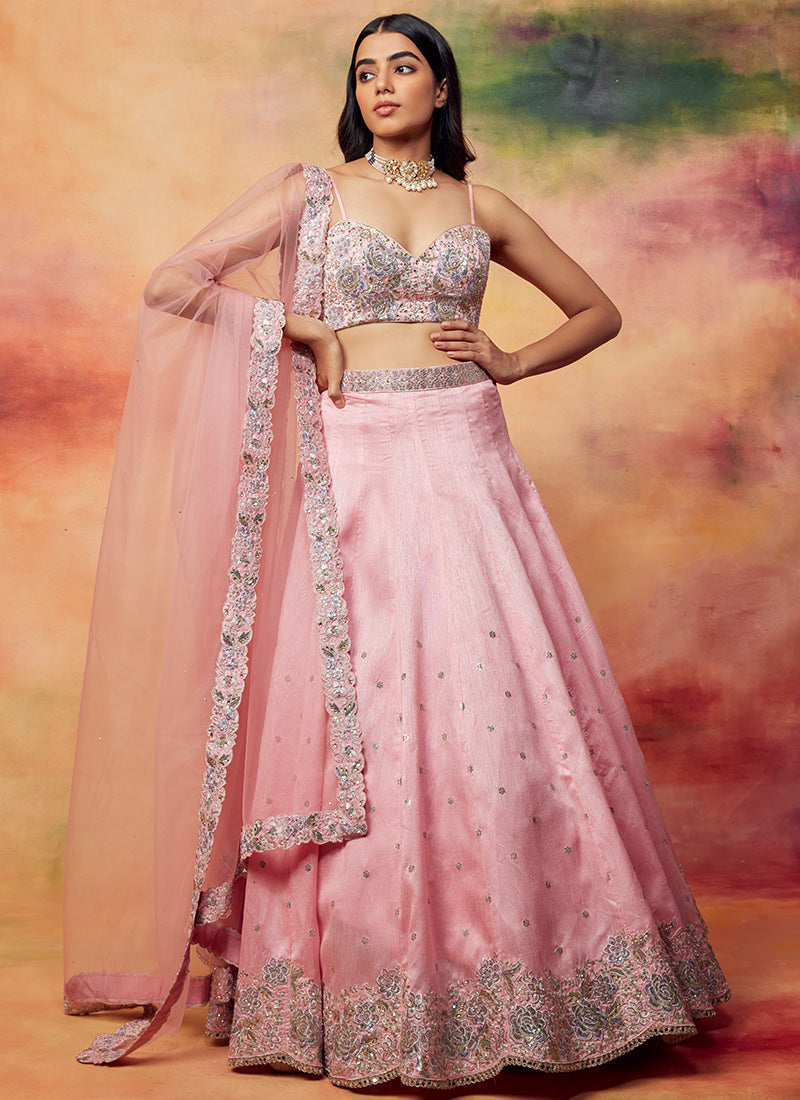 Light Pink Embroidered Silk Lehenga