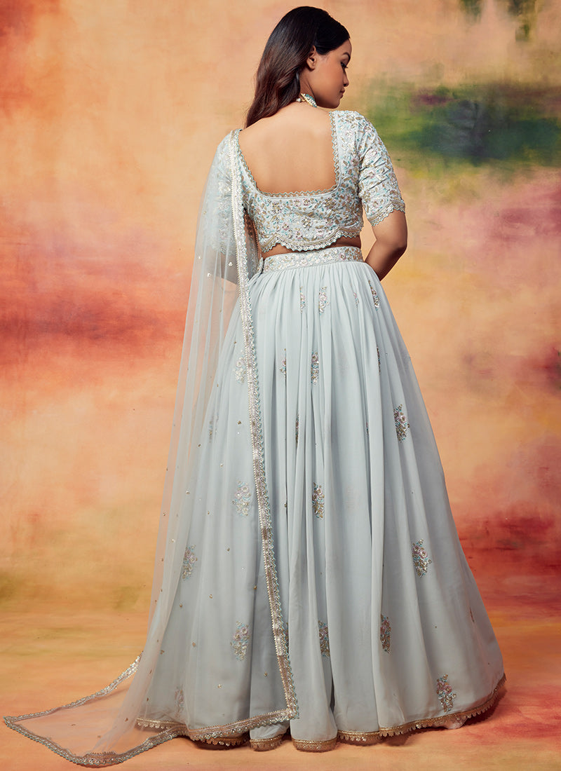 Dusty Blue Grey Embroidered Georgette Lehenga