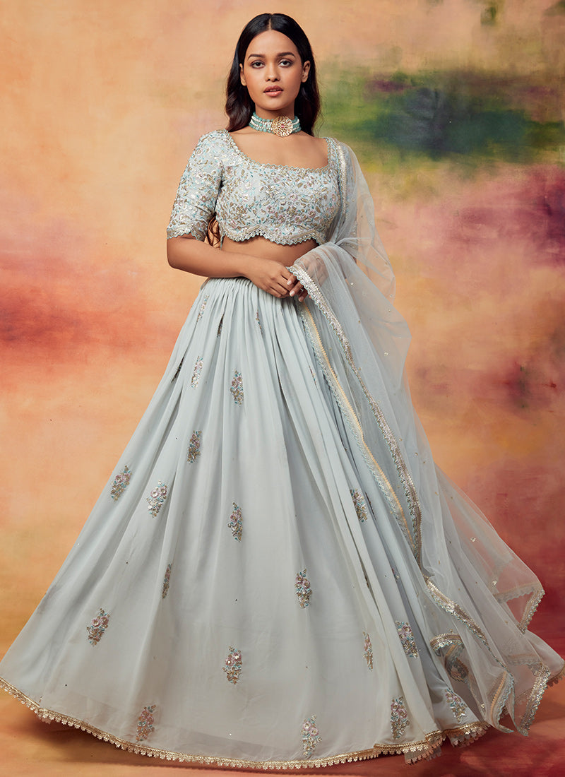 Dusty Blue Grey Embroidered Georgette Lehenga