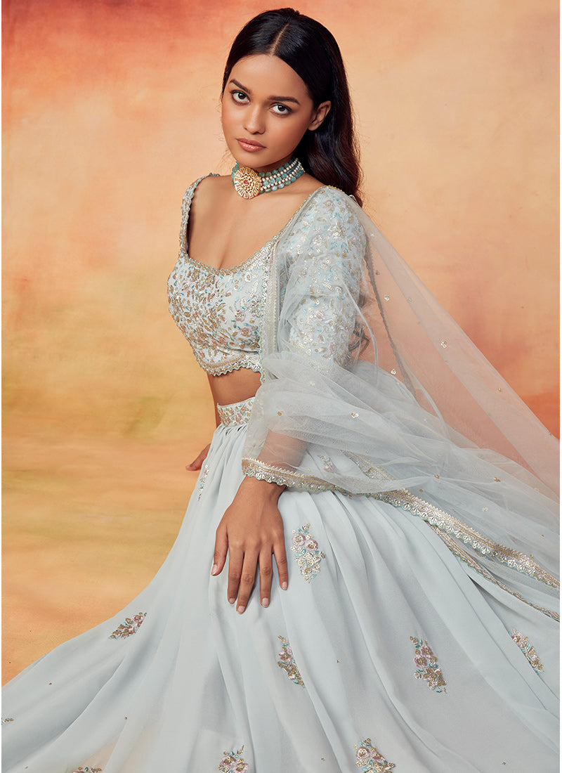 Dusty Blue Grey Embroidered Georgette Lehenga