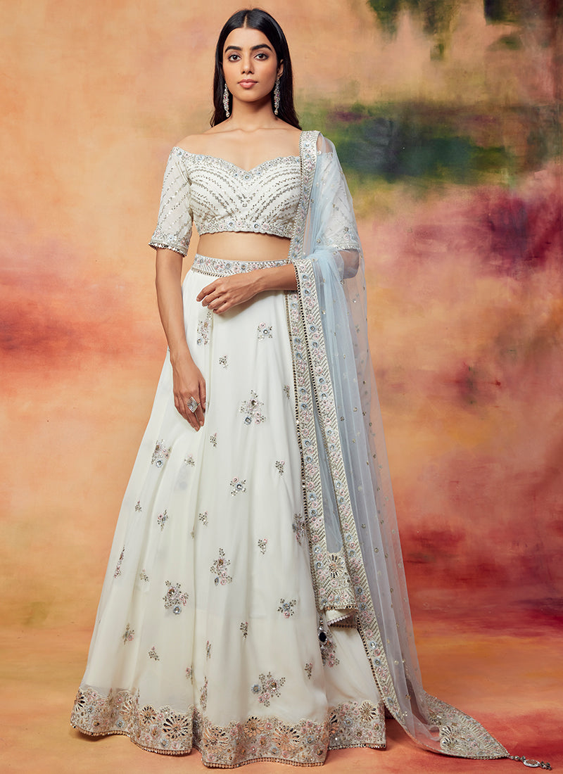 Off White and Mint Embroidered Lehenga