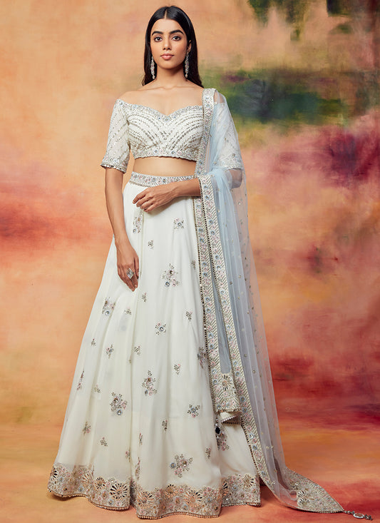 Off White and Mint Embroidered Lehenga