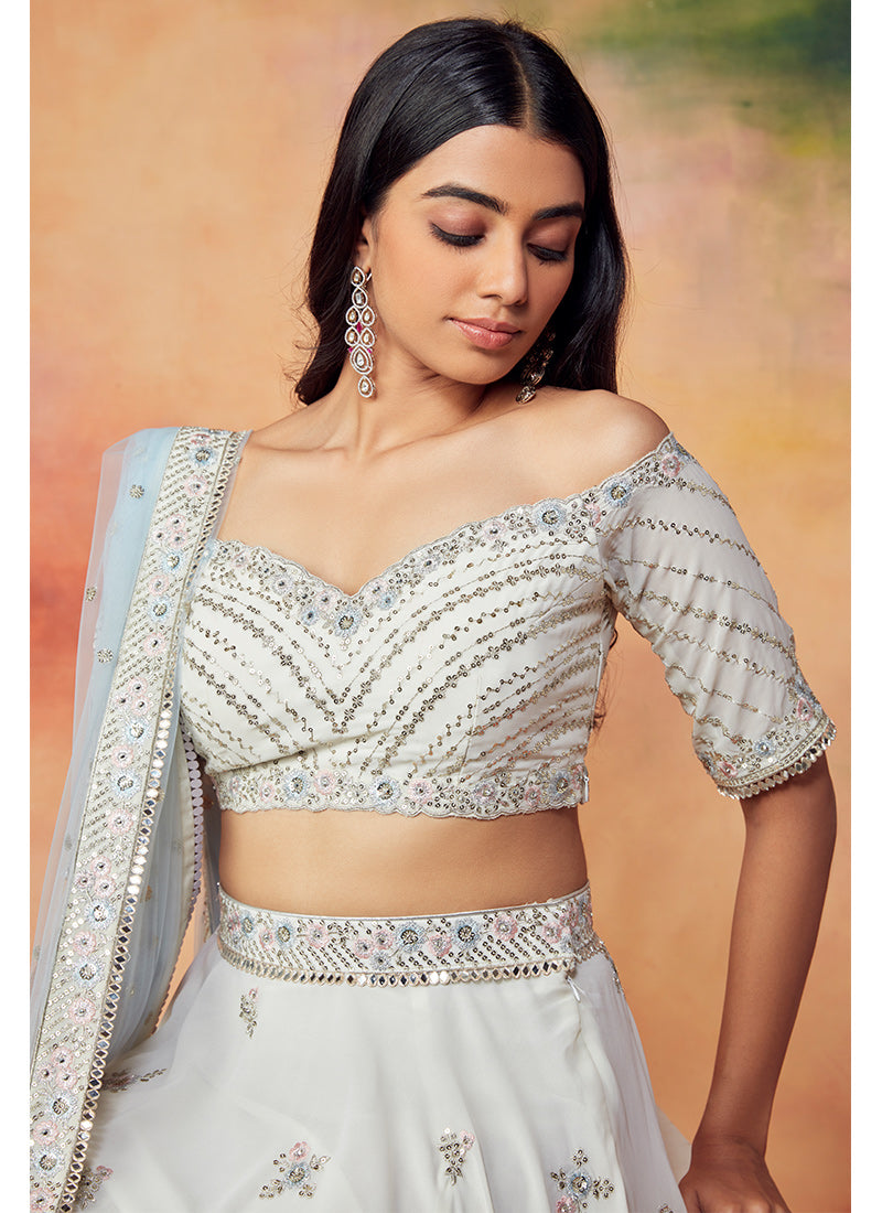 Off White and Mint Embroidered Lehenga