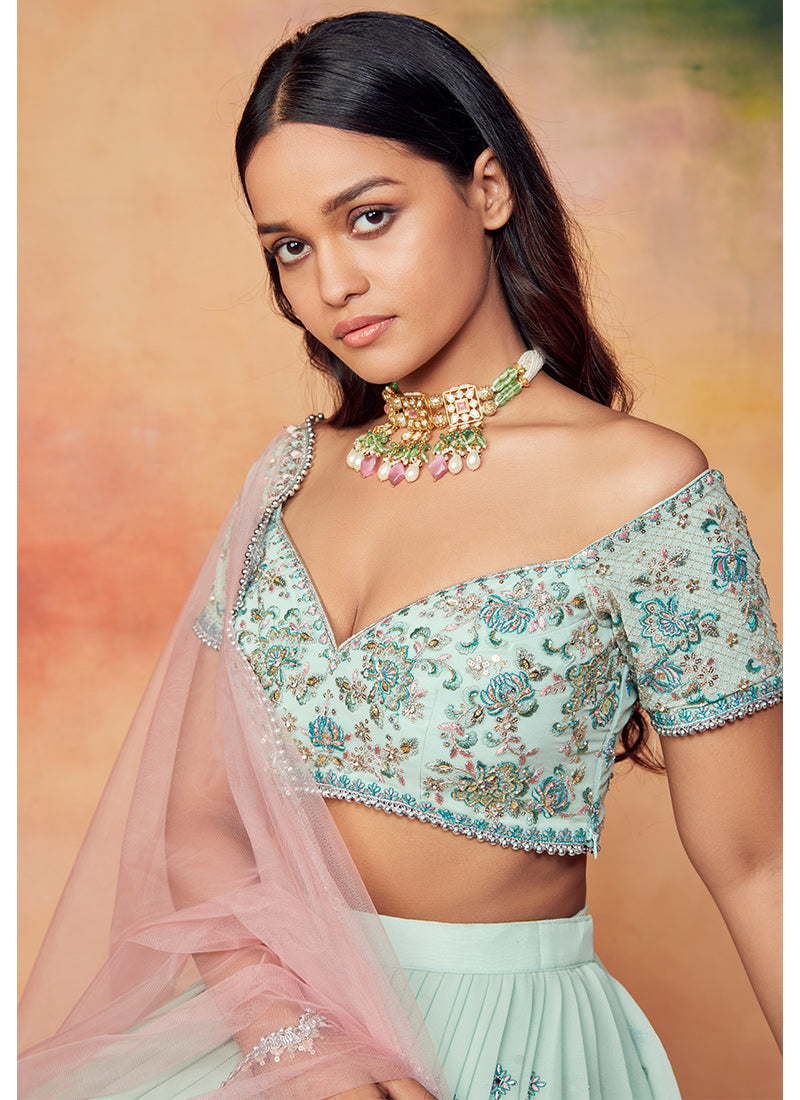 Mint Green and Light Pink Embroidered Lehenga