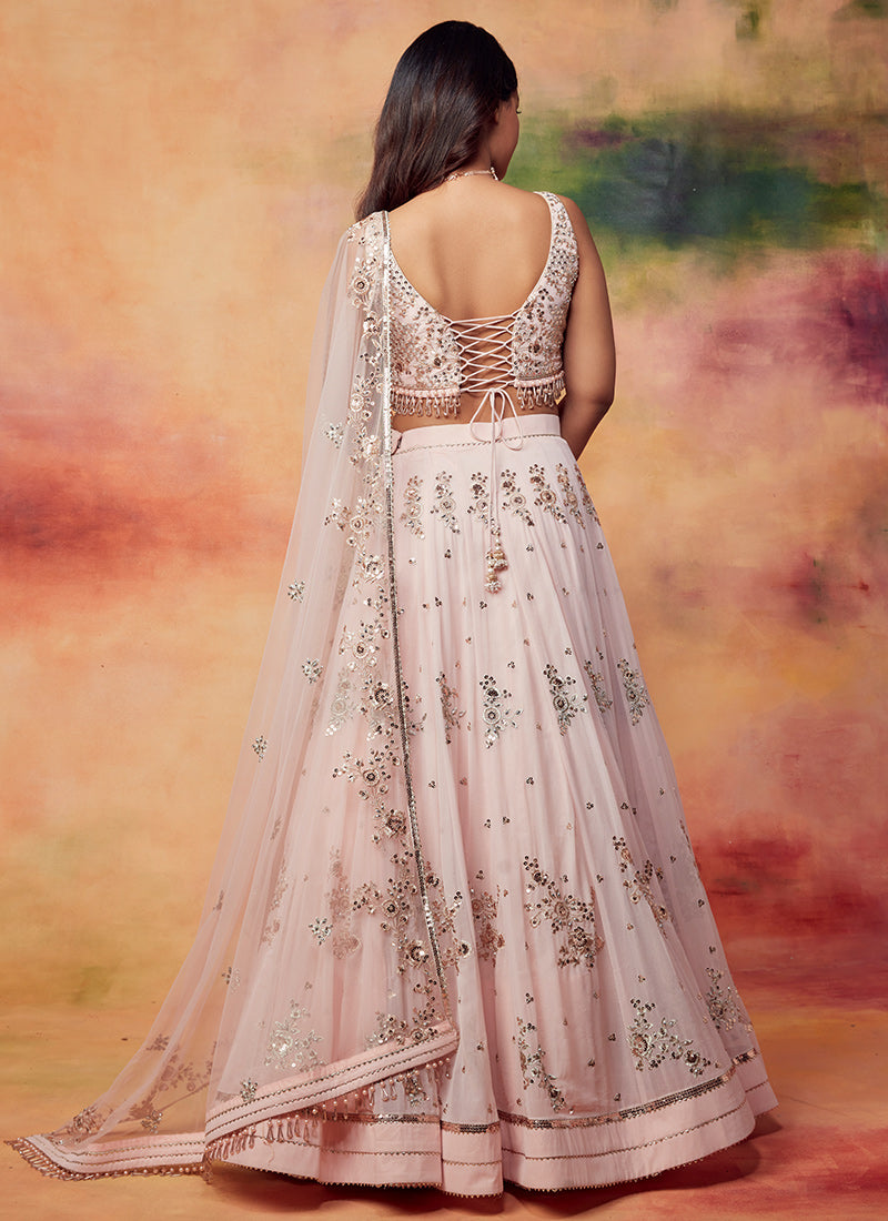 Peachy Pink Embroidered Georgette Lehenga