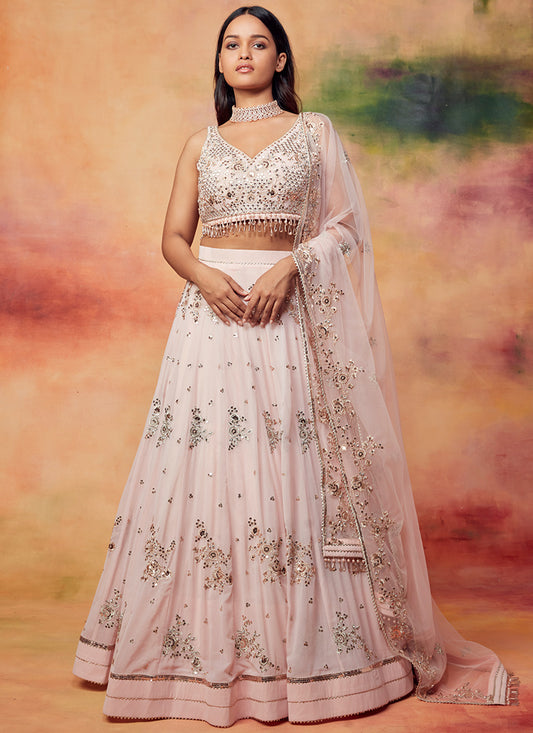 Peachy Pink Embroidered Georgette Lehenga