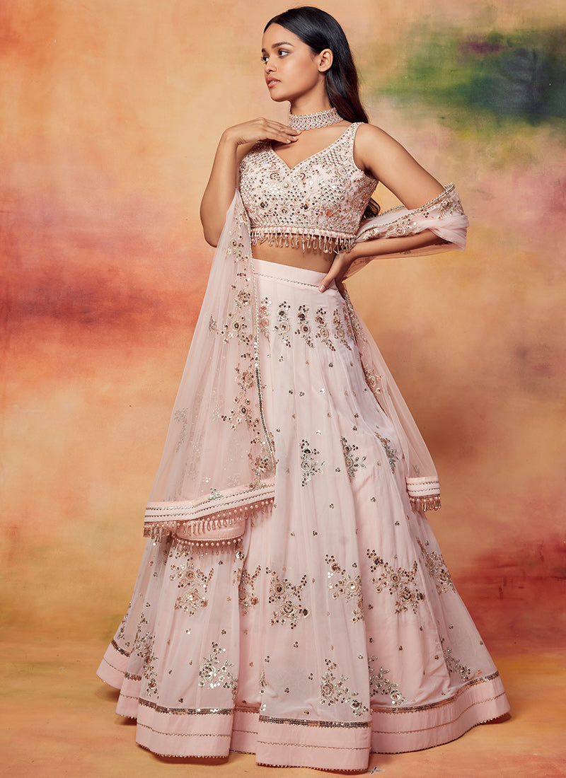 Peachy Pink Embroidered Georgette Lehenga