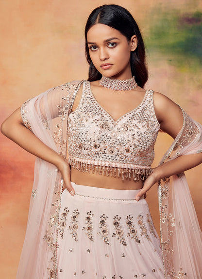 Peachy Pink Embroidered Georgette Lehenga