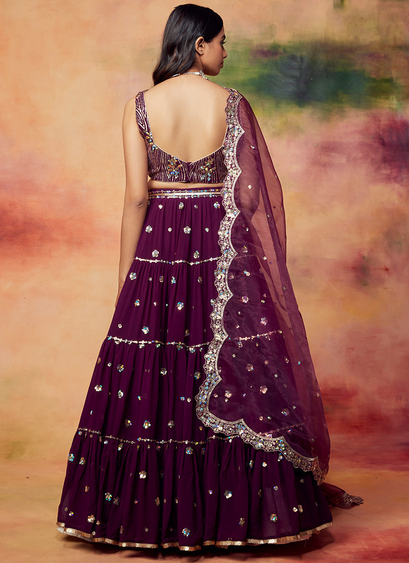 Deep Purple Embroidered Georgette Lehenga