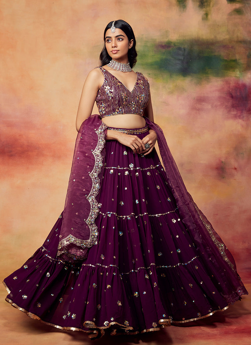 Deep Purple Embroidered Georgette Lehenga