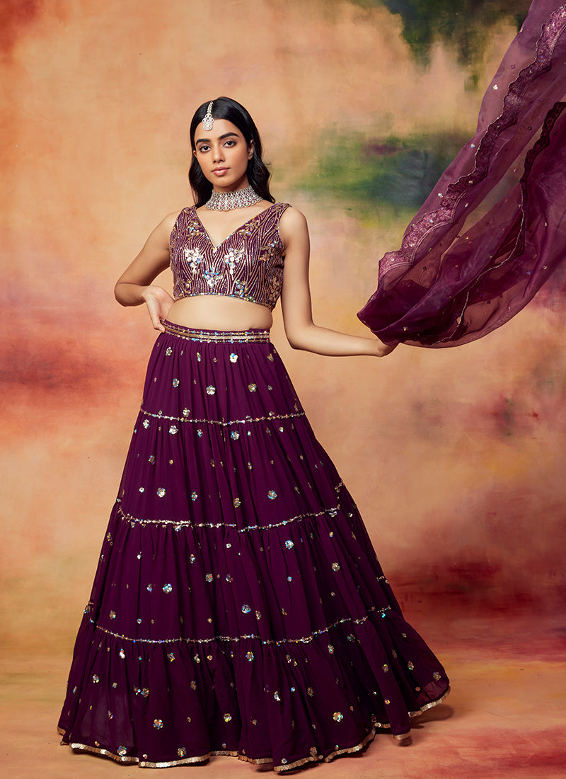 Deep Purple Embroidered Georgette Lehenga