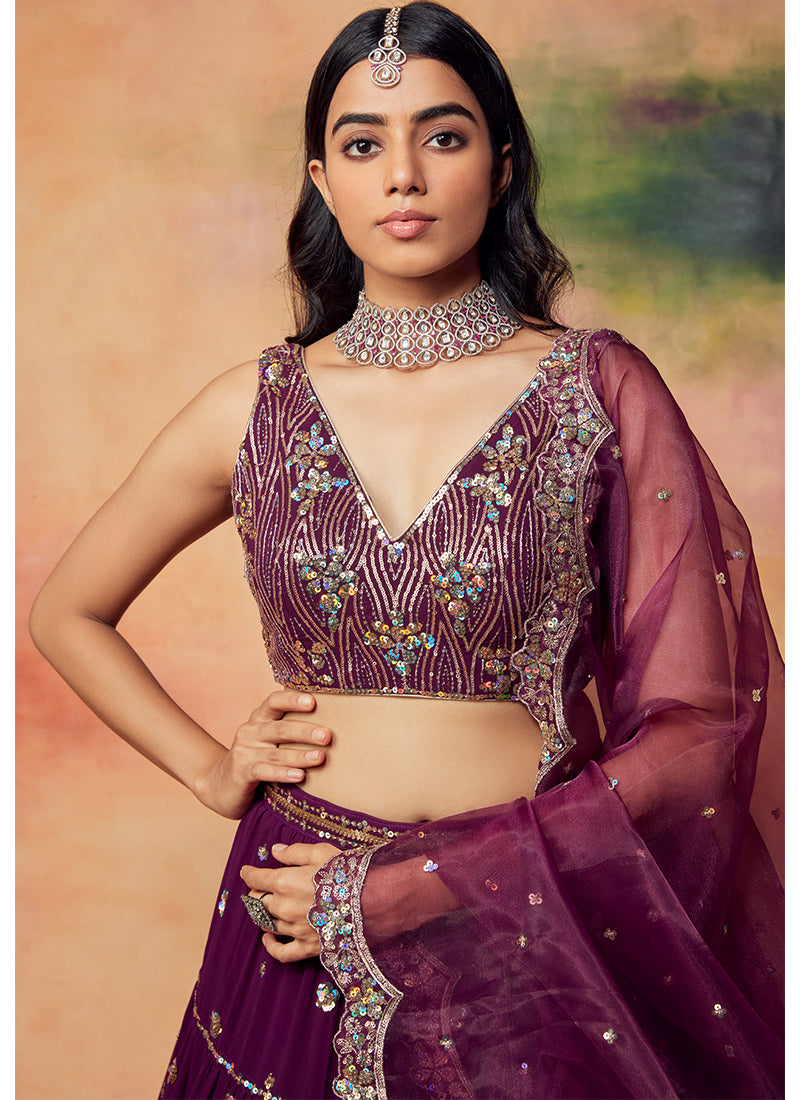 Deep Purple Embroidered Georgette Lehenga