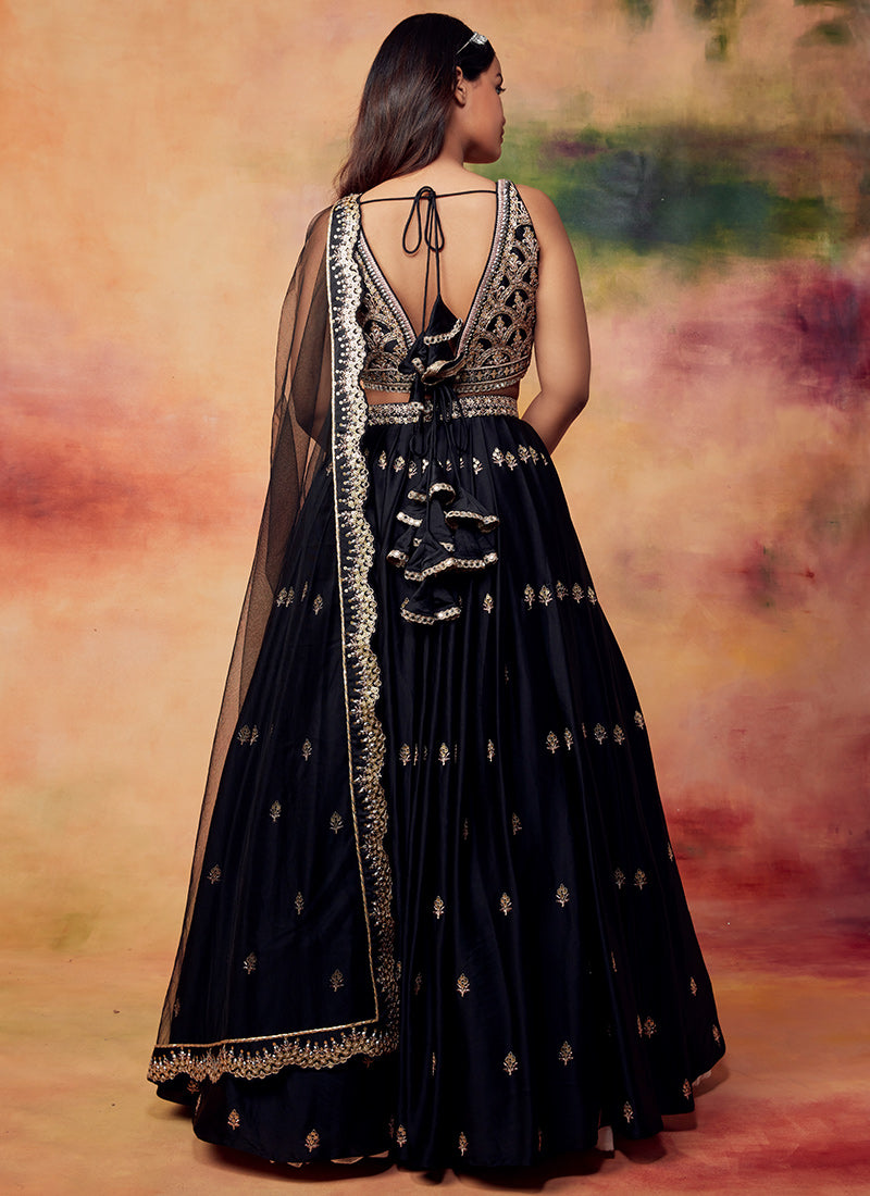 Black and Gold Embroidered Satin Lehenga