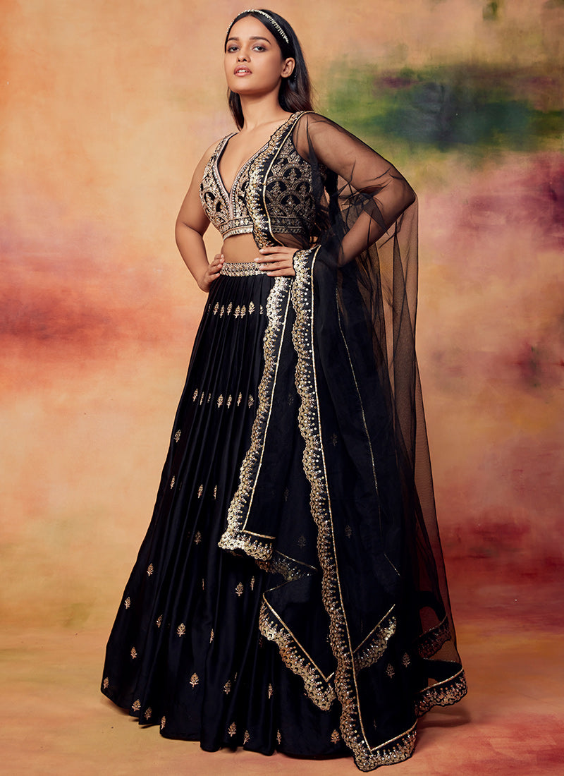 Black and Gold Embroidered Satin Lehenga