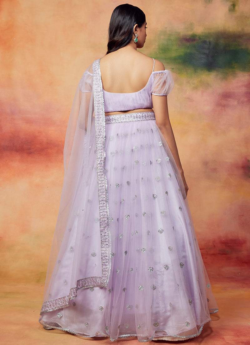 Soft Lilac Embroidered Net Lehenga