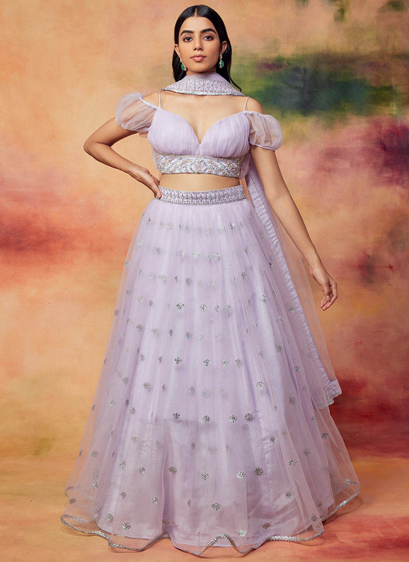 Soft Lilac Embroidered Net Lehenga