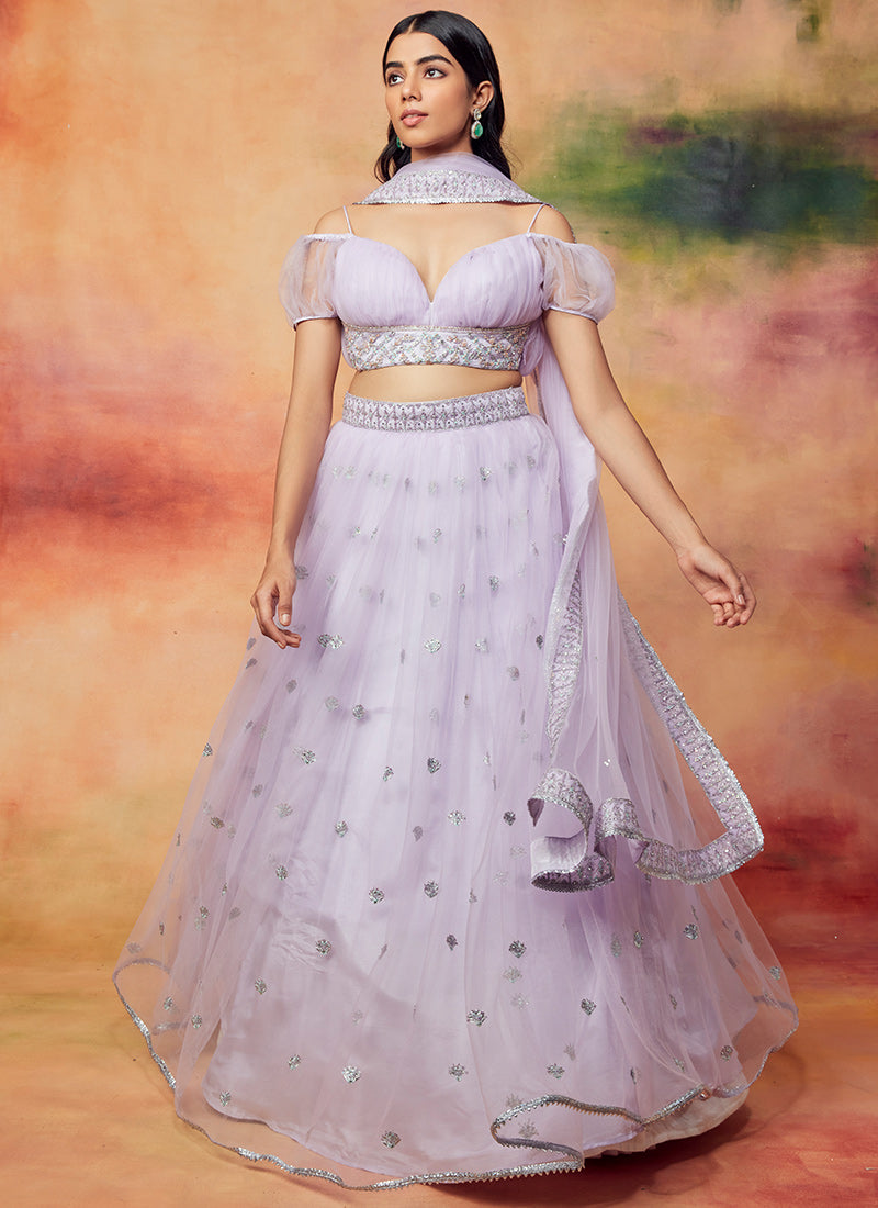 Soft Lilac Embroidered Net Lehenga