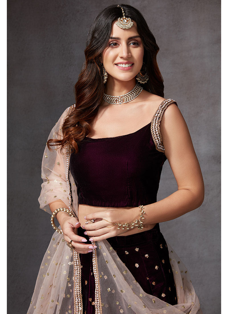 Wine and Light Pink Velvet Lehenga