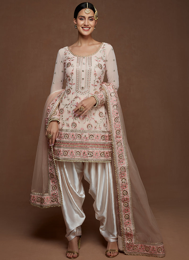 Light Pink Heavy Jadau Jhumka Earrings for Punjabi Suit | FashionCrab.com