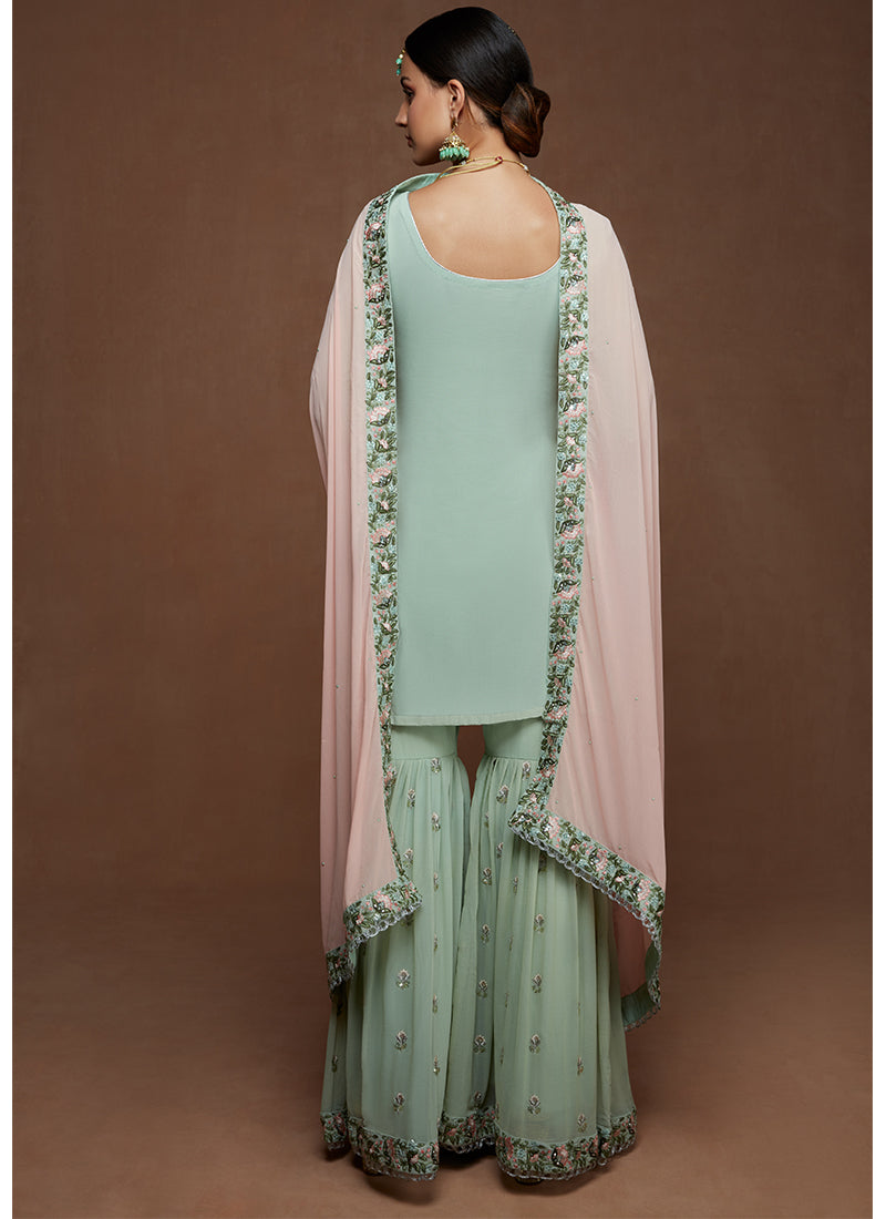 Dusty Mint and Pink Georgette Gharara Suit