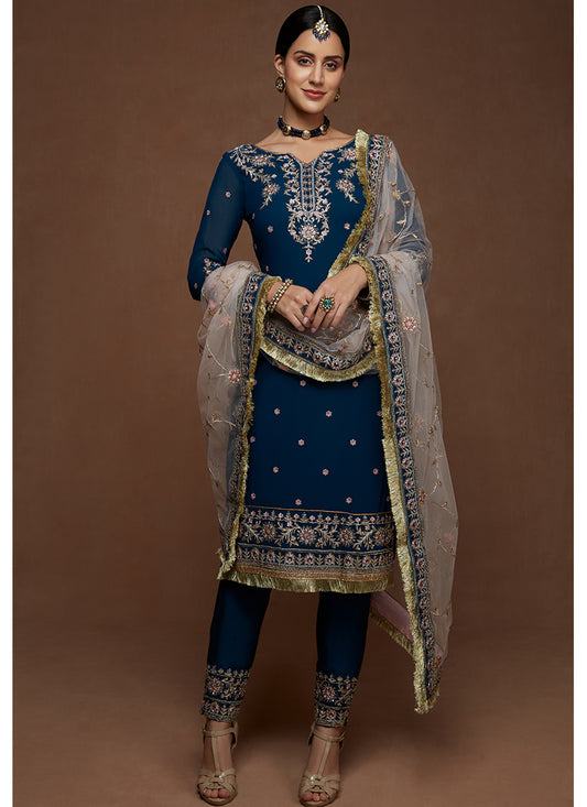 Blue and Light Pink Embroidered Straight Suit