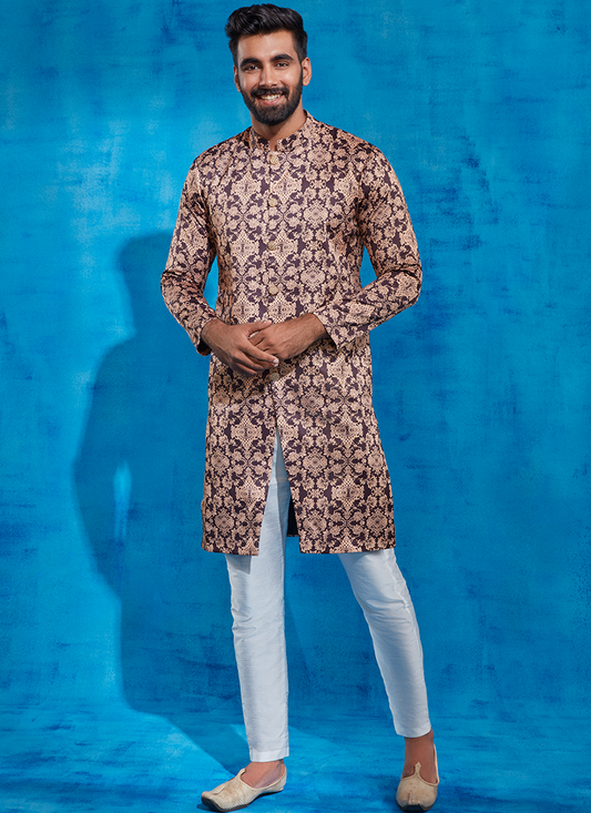 Deep Brown and Gold Kurta Pajama Set