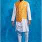Yellow Printed Nehru Jacket and Drape Style Kurta Set