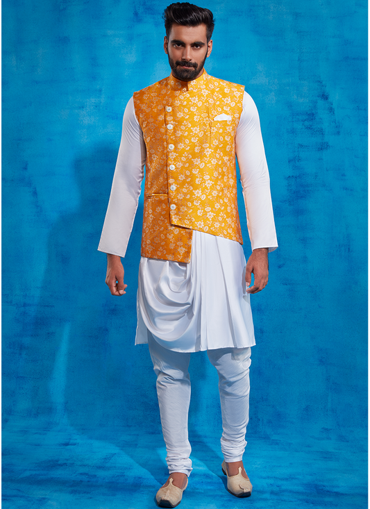 Yellow Printed Nehru Jacket and Drape Style Kurta Set