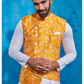 Yellow Printed Nehru Jacket and Drape Style Kurta Set