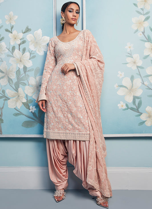 Nude Pink Thread Embroidered Punjabi Suit