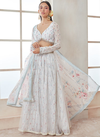 White and Blue Floral Printed Lehenga