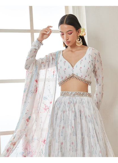 White and Blue Floral Printed Lehenga