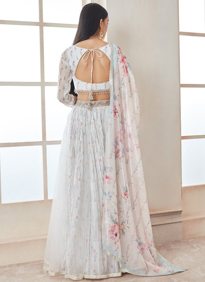 White and Blue Floral Printed Lehenga