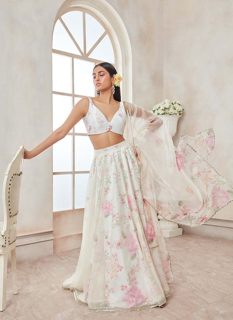 Off White and Pink Floral Printed Lehenga