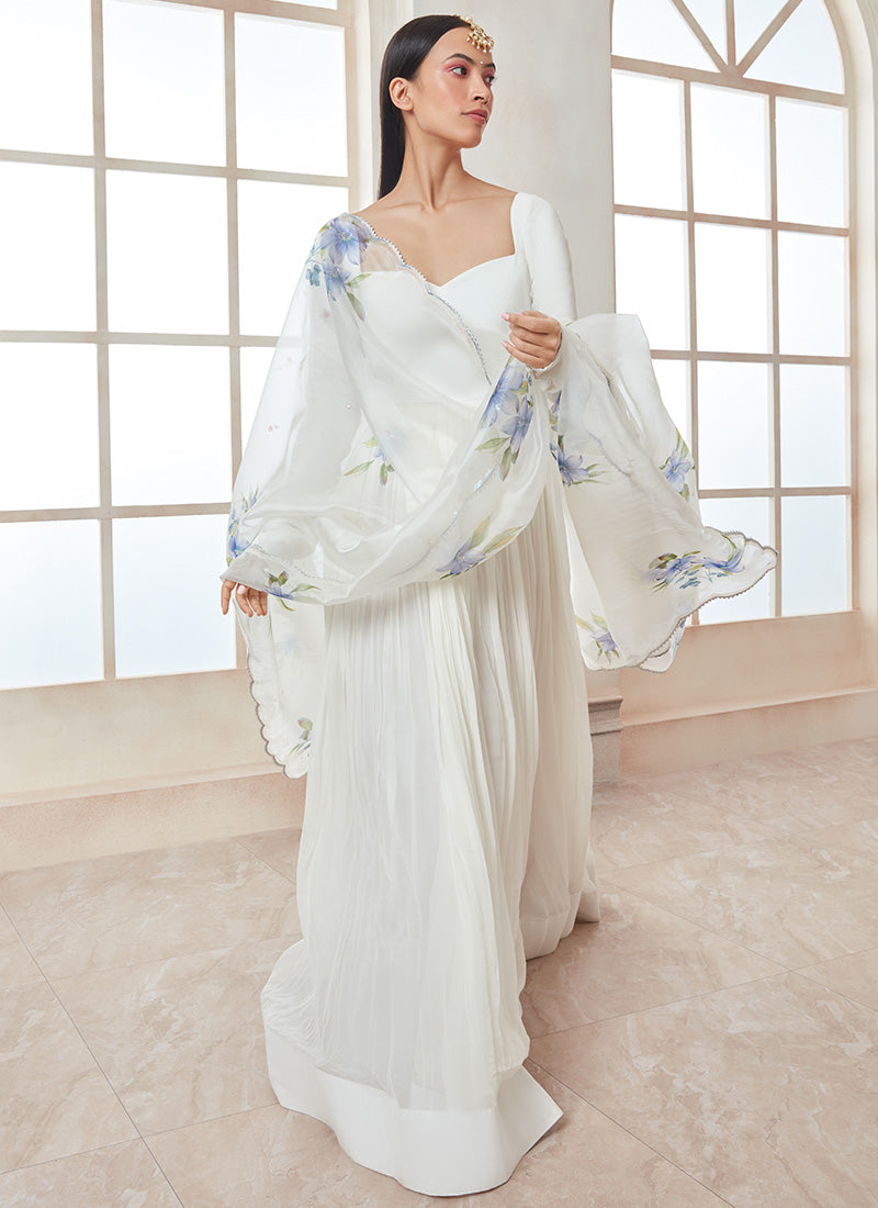 White Georgette Anarkali With Floral Printed Dupatta